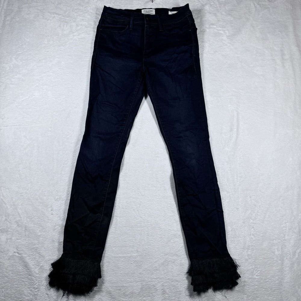 FRAME DENIM Le High Skinny Jeans W/ Frayed Hem Black Designer Luxury